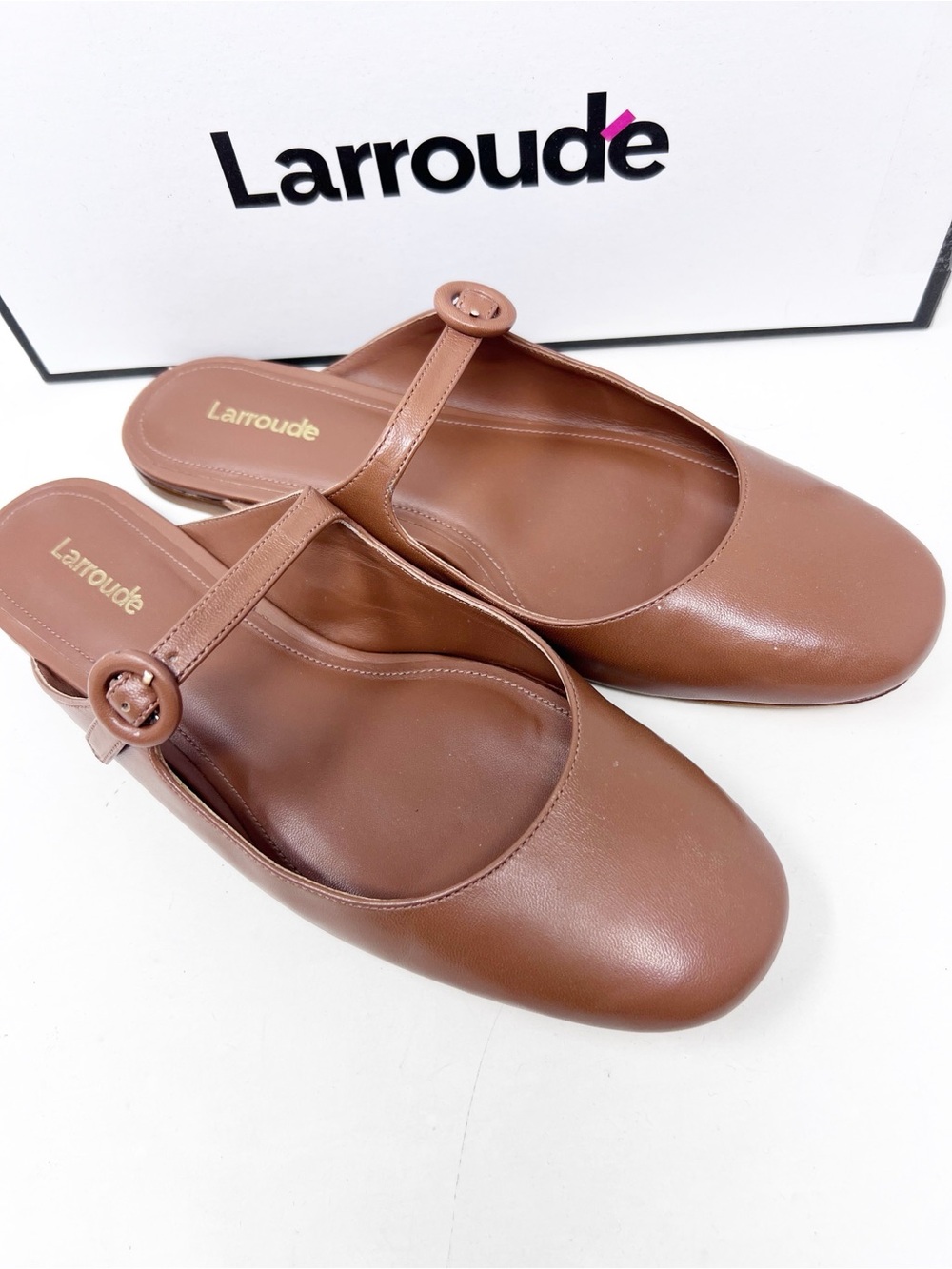 LARROUDE BLAIR MULES LEATHER CARAMEL BROWN SLIP ON MARY JANES WOMENS SZ 7.5
